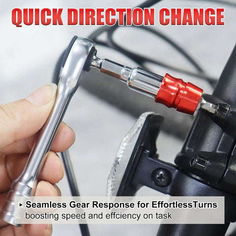 Bike Repair Kit 13 in 1 Mini Ratchet Wrench Set With 11 Bits showing quick direction change feature in close-up view.