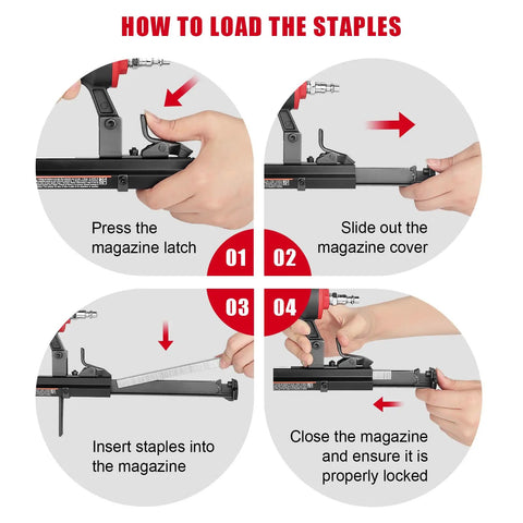 Four-step guide to loading the 22 Gauge 3/8 Inch Crown Pneumatic Upholstery Stapler For 71 Series Staples, 1/4 To 5/8 Inch Length steps.