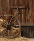 Cowboy Backdrop 7x5 Ft Vintage Western Barn Door Scene for Photoshoots and Parties with rustic wooden wheel and straw