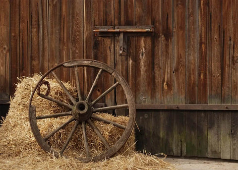Cowboy Backdrop 7x5 Ft Vintage Western Barn Door Scene for Photoshoots and Parties with rustic wooden wheel and straw