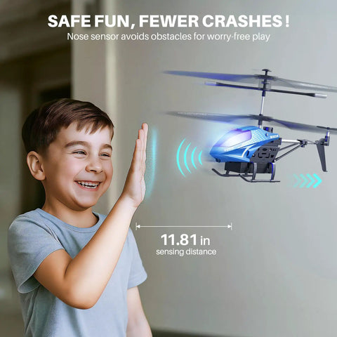 Boy interacting with Remote Control Helicopter With 40 Minute Flight Time And Auto Obstacle Avoidance Altitude Hold Dual Batteries