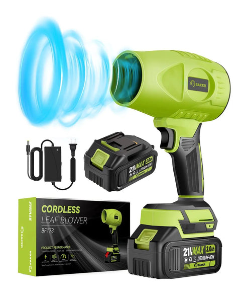 Cordless Leaf Blower Dust Cleaner Portable Handheld With 2x 4.0Ah Batteries 180000 RPM Air Duster Adjustable Speed For Quick Patio Cleaning And Drying Green showing blower, battery, and charger with packaging