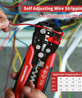 Person using 3 In 1 Auto Wire Stripping Tool With Self Adjusting Mechanism Crimping And Cutting For 10 To 24 AWG 8 Inch Universal Wire Stripper Cutter And Crimp Tool For Copper And Aluminum