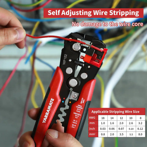 Person using 3 In 1 Auto Wire Stripping Tool With Self Adjusting Mechanism Crimping And Cutting For 10 To 24 AWG 8 Inch Universal Wire Stripper Cutter And Crimp Tool For Copper And Aluminum