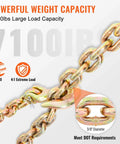 Three Eighth Inch 20 Ft G80 Transport Tow Chain With Grab Hooks 7100 Lbs Working Load Limit illustration of chain and hook details.