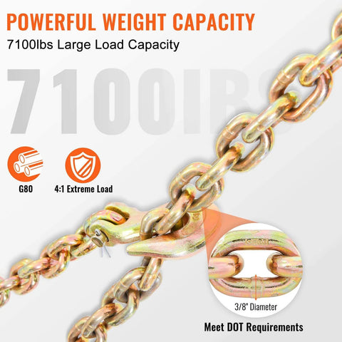 Three Eighth Inch 20 Ft G80 Transport Tow Chain With Grab Hooks 7100 Lbs Working Load Limit illustration of chain and hook details.