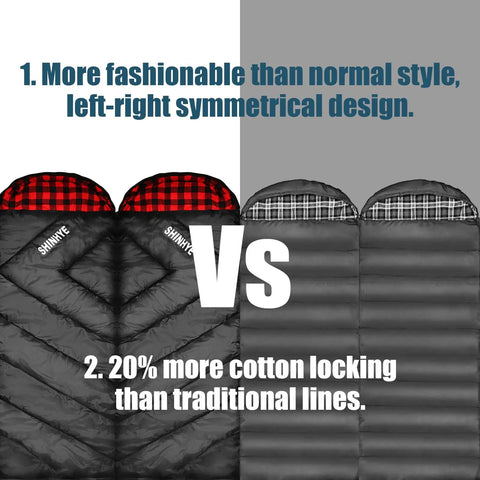 Comparison image of 0 Degree Four Season Sleeping Bag for adults showing symmetrical design vs traditional lines with cotton locking