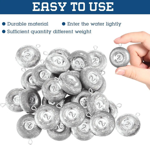 24 Piece Disc Sinker Fishing Weights Set For Saltwater And Freshwater Angling Pro Grade Beefy Lead Disc Sinkers 2 oz corrosion resistant