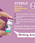 Person holding a 3ml sterile glass vial with self-healing injection port, featuring aluminum-plastic cover and purple cap, text overlay with product benefits.