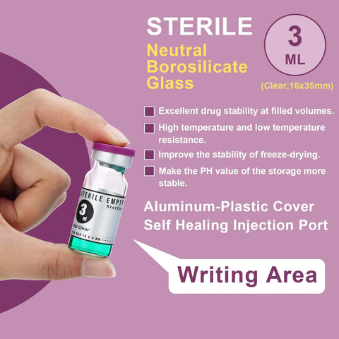 Person holding a 3ml sterile glass vial with self-healing injection port, featuring aluminum-plastic cover and purple cap, text overlay with product benefits.