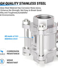 Close-up of Built Tough One Quarter Inch FNPT 3 Piece Ball Valve in 304 Stainless Steel, highlighting corrosion resistance features.