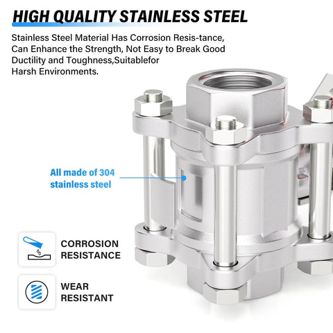 Close-up of Built Tough One Quarter Inch FNPT 3 Piece Ball Valve in 304 Stainless Steel, highlighting corrosion resistance features.