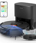 Robot Vacuum And Mop Combo With 6000Pa Monster Suction LiDAR Navigation Self Emptying Dock displayed with phone app