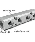 Four Way Pneumatic Manifold Aluminum Alloy Air Distribution Block With G1/2 Inlet Ports And G1/4 Outlets For Air Compressor Systems.