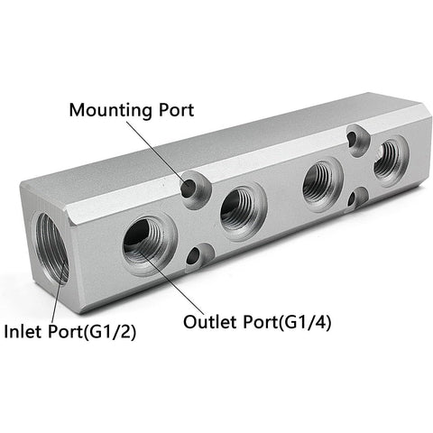 Four Way Pneumatic Manifold Aluminum Alloy Air Distribution Block With G1/2 Inlet Ports And G1/4 Outlets For Air Compressor Systems.