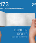 Front view of Scott toilet paper roll on blue background; white 2-ply sheets, 473 sheets per roll
