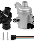 Straight Bolt On Electric Engine Water Pump With Thermostat Housing, aluminum and plastic assembly, includes connectors and mounting bolts.