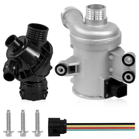 Straight Bolt On Electric Engine Water Pump With Thermostat Housing, aluminum and plastic assembly, includes connectors and mounting bolts.