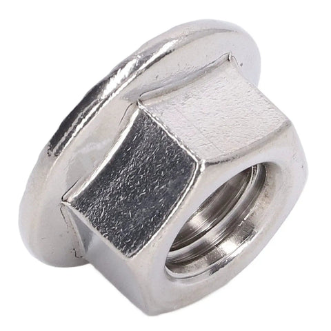Close-up of stainless steel flange nut from 50Pcs Stainless Steel Flange Nuts Set DIN 1587 A2 70 Rustproof Locking Nuts For M3 M4 M5 M6 M8 M10 M12 Bolts No Fuss Fastening Built To Last In High Vibration Automotive Maintenance And Equipment Applications