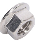 Close-up of a stainless steel flange nut from the 50 Piece Flange Nut Fastener Set In Stainless Steel A2-70 DIN 1587 With Serrated Flange Lock Nuts