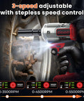Three-In-One Cordless Impact Wrench, Driver And Drill Kit being used on a car wheel, showcasing speed control features.