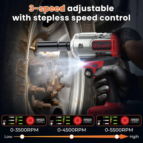 Three-In-One Cordless Impact Wrench, Driver And Drill Kit being used on a car wheel, showcasing speed control features.