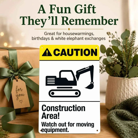 Caution Construction Area Warning Sign 8x12 Inch Aluminum for job sites with excavator graphic, gift setting
