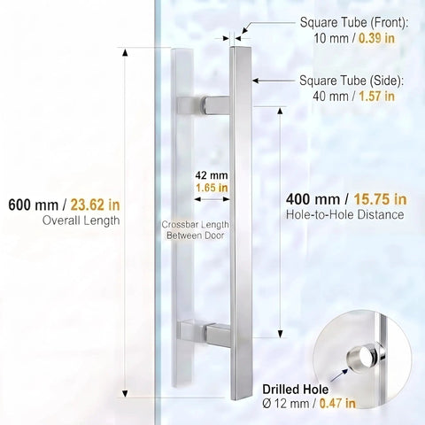 24 Inch Solid Stainless Steel Push Pull Door Handle Set With Heavy Duty Commercial Grade 304 Standoffs Ideal For Barn Doors And Glass Panels Mirror Polished Chrome Finish Durable Mounting And Weather Resistant Build, 600mm handle dimensions