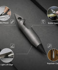 Close-up of Mini Pencil EDC Pendant with Infinite Keychain, featuring graphite tip, bottle opener, and titanium body for quick notes.