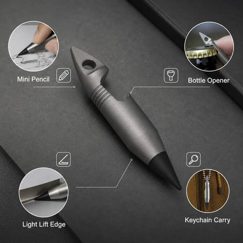 Close-up of Mini Pencil EDC Pendant with Infinite Keychain, featuring graphite tip, bottle opener, and titanium body for quick notes.