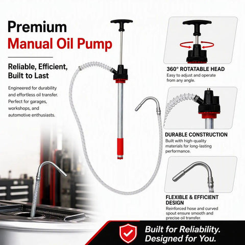 Heavy Duty Manual Push Oil Pump Hand Crank Gear Transfer Dispenser For 5 Gallon Drums And Heavy Steel Pails No Sweat Engine Oil Liquid Extraction With 47 Inch Hose with flexible design and rotatable head.