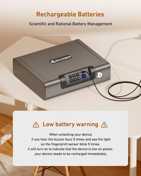 Portable Biometric Gun Safe With LED Light And Silent Mode on table, showing keypad and LED indicator.
