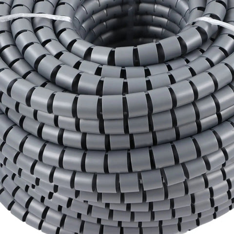 Coiled gray 32mm spiral cable wrap for cable management protector cover 30m long, suitable for home theater office setup entertainment wires