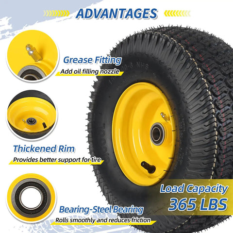 15x6.00-6 Lawn Mower Tires and Wheels 2 Pack Tubeless 4 Ply 3 Inch Offset Hub 3/4 Bearing Replacement for John Deere 100 300 Series