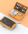 Top-down view of Ultra Accurate Digital Gram Scale For Jewelry And Coins, Pocket Size Scale With 200 X 0.01g Precision, Includes 50g Calibration Weight, On The Go Weighing For Gold, Gems, Powder, And More, showing open lid with instructions and display, alongside closed cover with measurements marked.
