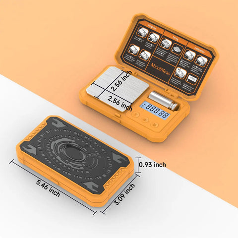 Top-down view of Ultra Accurate Digital Gram Scale For Jewelry And Coins, Pocket Size Scale With 200 X 0.01g Precision, Includes 50g Calibration Weight, On The Go Weighing For Gold, Gems, Powder, And More, showing open lid with instructions and display, alongside closed cover with measurements marked.