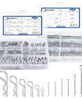 620 Pcs Cotter Pins Assortment Kit With Hairpin Cotter Pins And R Clips In 12 Sizes; zinc plated, displayed in boxes with labels