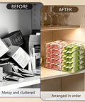 Before and after using Stackable Drink Packet Organizer With 10 Clear Acrylic Drawers for tidy pantry storage.