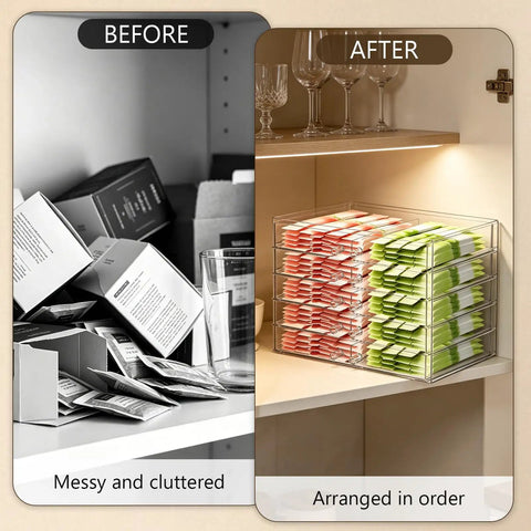 Before and after using Stackable Drink Packet Organizer With 10 Clear Acrylic Drawers for tidy pantry storage.