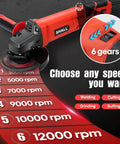 Close-up of Beast Of A 4-1/2 Inch Angle Grinder with 7.5 Amp Motor, highlighting 6 variable speeds from 3000 to 12000 RPM.