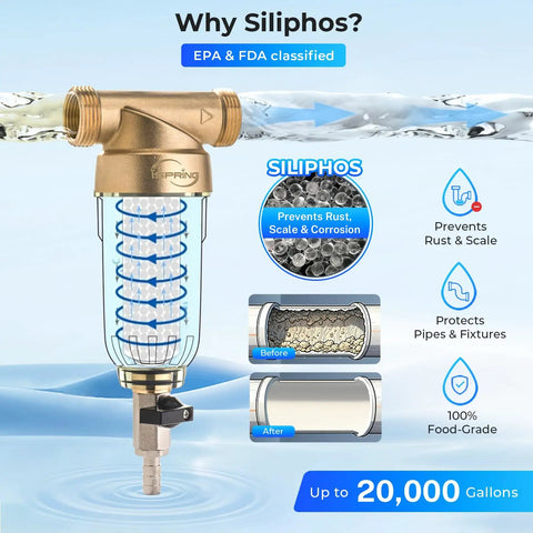 WSP 50SL Reusable Whole House Spin Down Sediment Filter Softener with Siliphos shown with EPA classification features