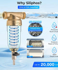 Reusable Whole House Spin Down Sediment Water Filter 1000 Micron With Siliphos Anti-Scale Protection, showing filtration benefits