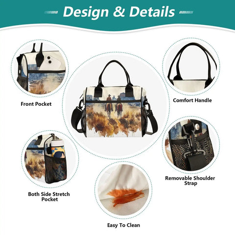 Design details of Desert Cowboy Insulated Lunch Tote for Women with adjustable strap, large capacity, comfort handle, S or M size.