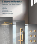 GRANDJOY 12" Shower System with Handheld Spray, Brushed Gold, showcasing rainfall head, body jets, and handheld spray options.
