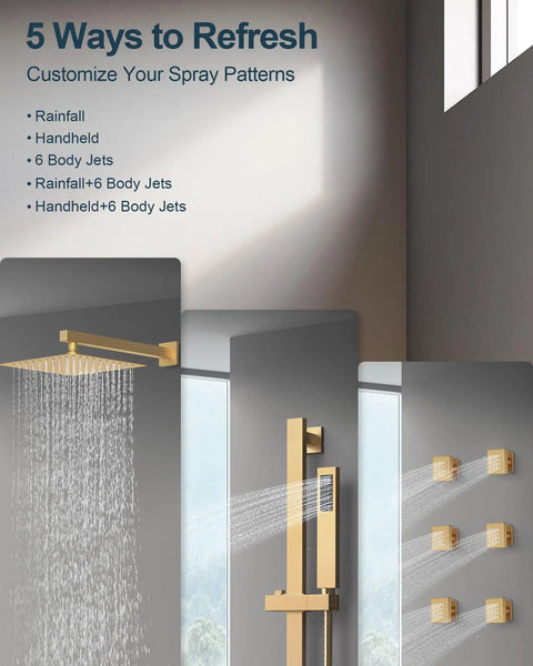 GRANDJOY 12" Shower System with Handheld Spray, Brushed Gold, showcasing rainfall head, body jets, and handheld spray options.