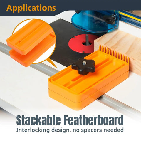 Heavy Duty Stackable Featherboards 2 Pack For Table Saw Router Table And Band Saw With Universal T Track And Miter Slot Mount Hardware, interlocking orange design