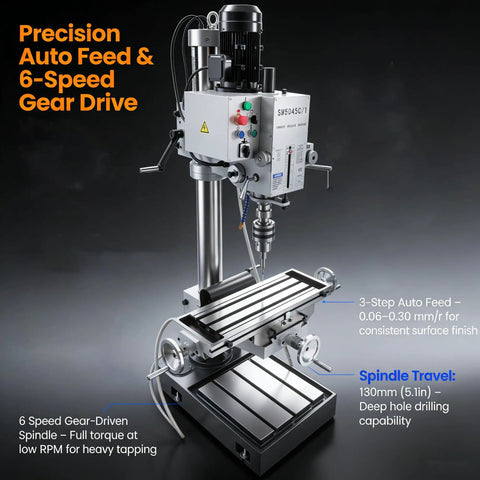 Gear Head Vertical Drill Press With Automatic Feed For Drilling, Tapping And Milling, 220 Volt 3 Phase, shown with 6-speed gear drive