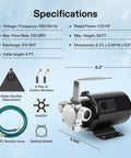 115V Water Transfer Pump One Tenth HP 330 GPH Portable Utility Pump with aluminum body and hose kit specifications diagram