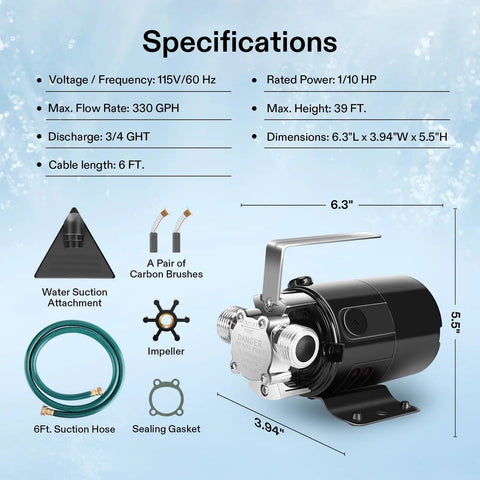 115V Water Transfer Pump One Tenth HP 330 GPH Portable Utility Pump with aluminum body and hose kit specifications diagram