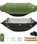 3 In 1 Camping Hammock Tent With Mosquito Net And Rain Fly showing green rain fly, mosquito net setup, and accessories, compact and portable